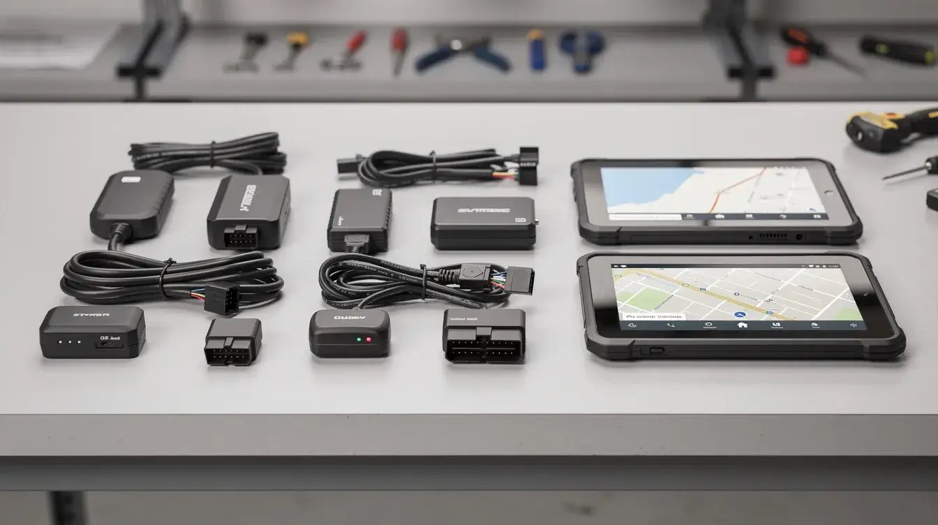 The image features a variety of GPS tracking devices, including OBD plugs, hardwired units, and tablets, neatly arranged on a workshop table, showcasing the essential tools for fleet managers in implementing GPS fleet tracking solutions. These devices are integral to improving driver behavior and enhancing fleet operations through real-time GPS tracking and detailed reporting.