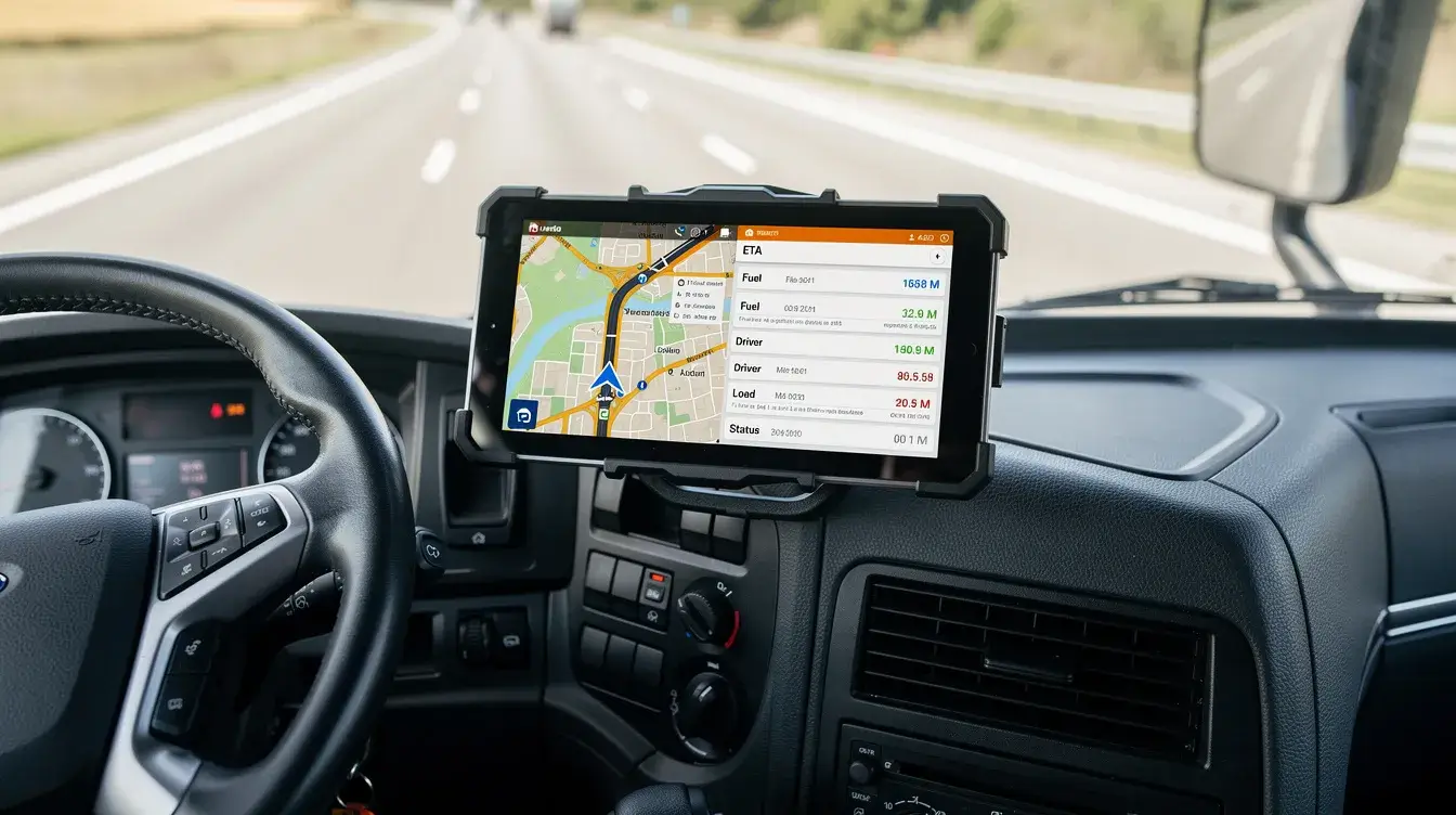 The image shows the interior of a commercial truck cab featuring a rugged tablet mounted on the dashboard, displaying vital telematics data such as navigation and fleet management information. This setup enhances operational efficiency and driver safety by providing real-time vehicle tracking and performance analytics.