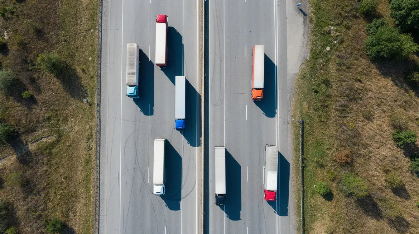An aerial view captures commercial trucks traveling on a multi-lane highway, showcasing a fleet of vehicles efficiently navigating the road. This image highlights the importance of GPS fleet tracking systems for fleet managers, enabling real-time tracking and monitoring of vehicle locations to enhance safety and reduce fuel costs.