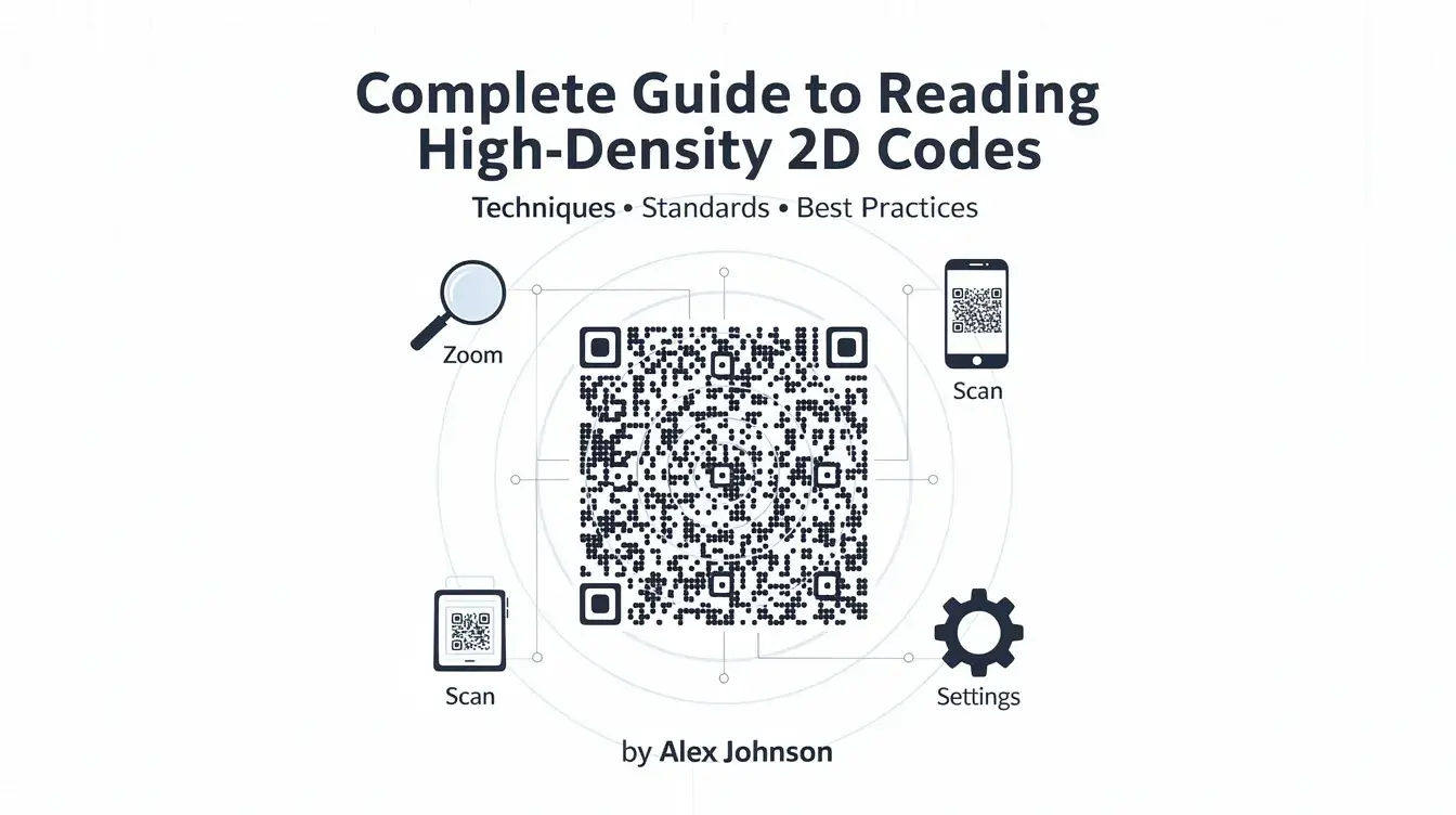 The image depicts a comprehensive guide on reading high-density 2D codes, specifically focusing on data matrix codes and their applications in various industries like retail and healthcare. It includes visuals of a data matrix code reader and examples of small electronic components, highlighting features such as error correction and the importance of quiet zones for accurate scanning.
