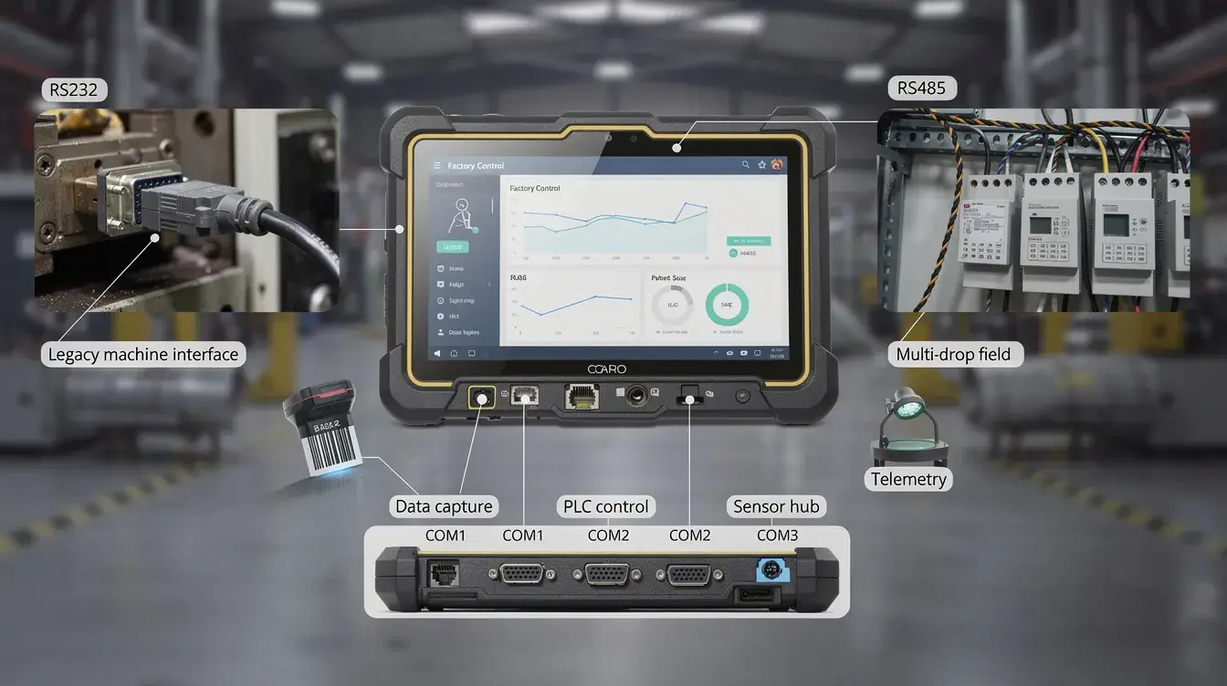 The image illustrates various use cases for RS232 and RS485 serial communication, featuring rugged tablets connected to multiple serial devices via COM ports. It highlights the importance of serial port data transmission, including connections with null modem cables and USB ports, emphasizing the flow of data and control signals between devices in embedded systems.