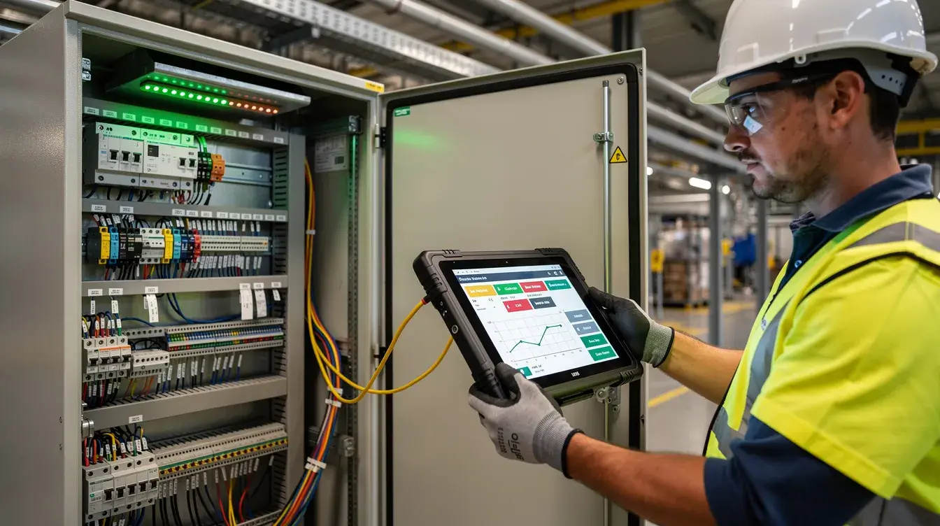 A field technician is using a rugged tablet beside an industrial cabinet, likely to manage serial communication with connected devices. The technician appears focused on monitoring data transmission and ensuring proper serial port communication for effective device management.