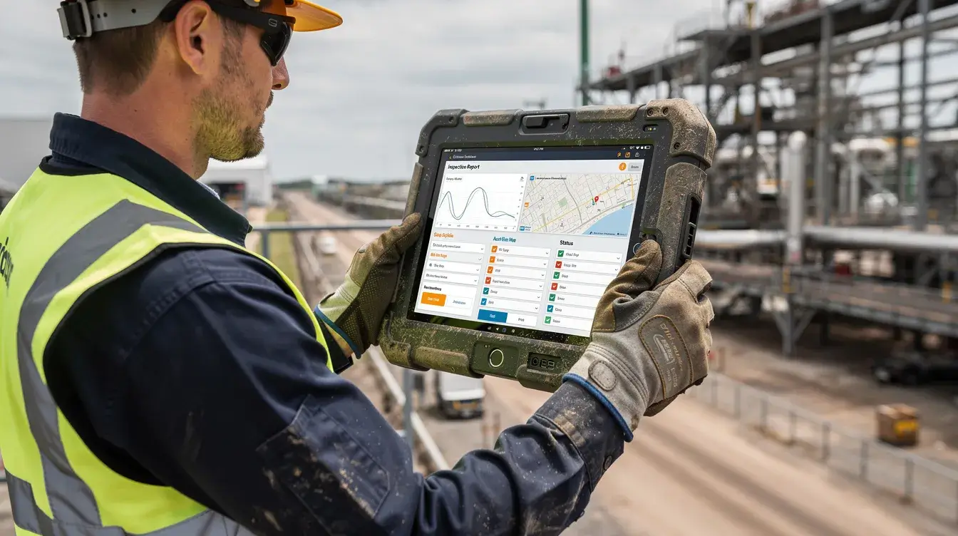 A field worker is using a rugged tablet equipped with an optical fingerprint scanner at an outdoor inspection site, showcasing the device's advanced biometric technology for secure access and accurate identity verification. The bright light reflects off the tablet's screen, emphasizing its durability and functionality in challenging environments.