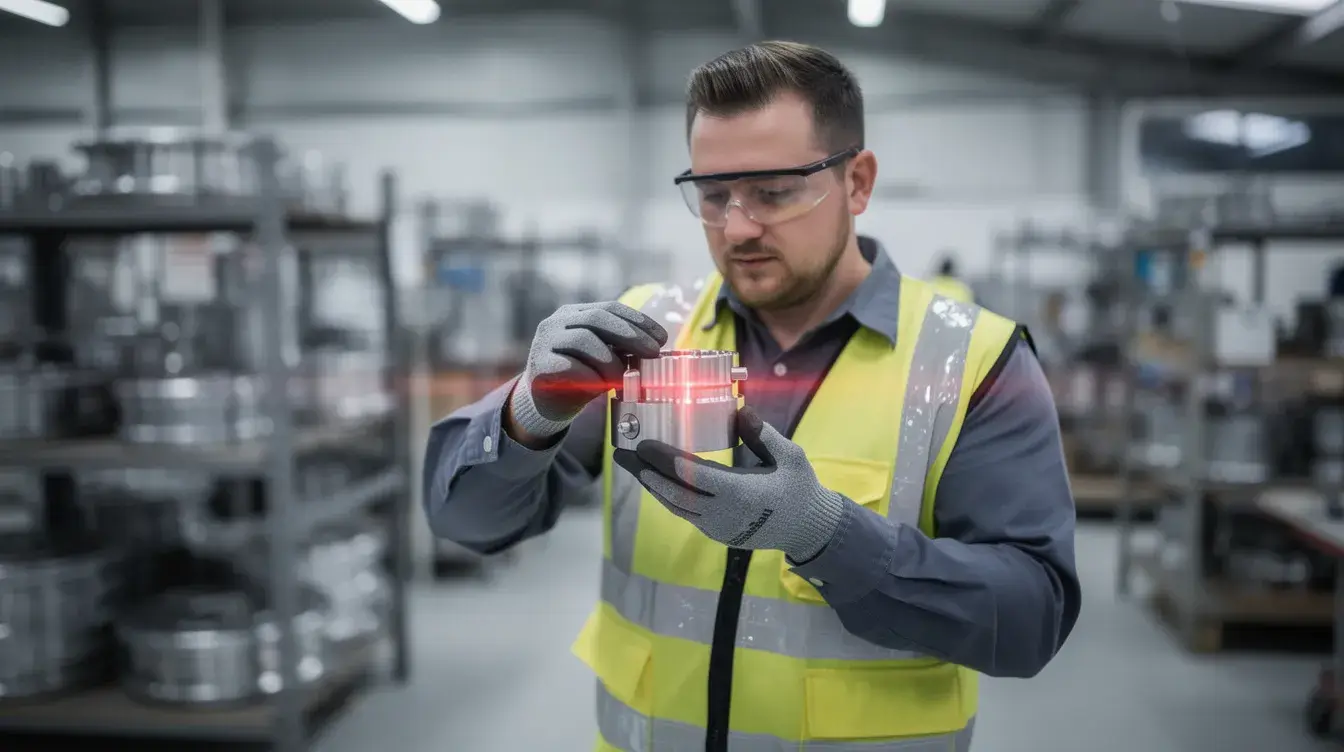 An industrial worker is using a data matrix code reader to scan a small metal component, ensuring accurate identification and traceability of the item. The scanner captures the two-dimensional barcode, which encodes information crucial for inventory management and quality control in various industries.