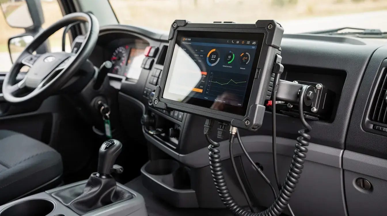 A rugged tablet is securely mounted inside a truck cab, connected to the vehicle's systems with various cables, showcasing its durability and compatibility for public safety applications. The setup includes a docking station and features tablet control buttons, ensuring easy access to the device while on the move.