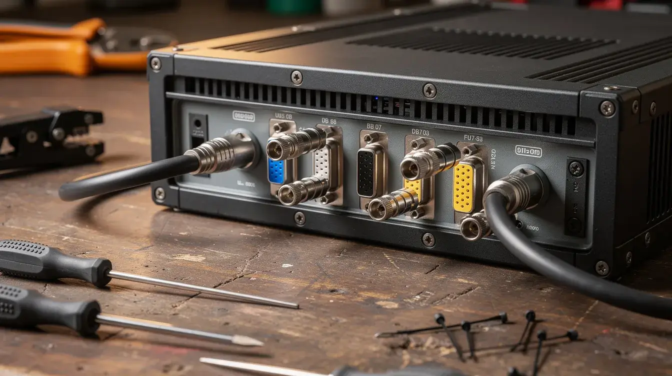 Tkcosit-rugged-industrial-computer-serial-port-cableshe image shows a rugged industrial computer featuring a serial port connector surrounded by various cables and tools, highlighting the setup for serial communication with connected devices. This setup emphasizes the importance of serial data transmission in industrial environments, where reliable connections are essential for data flow and device management.