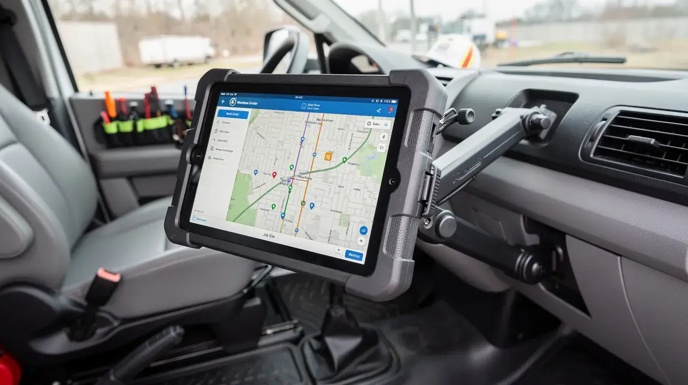 The image shows a rugged tablet securely mounted inside a utility service vehicle, designed for optimal performance in harsh environments like power grid inspections. This tablet ensures data security and reliability for maintenance personnel, allowing for efficient data collection and real-time communication while working outdoors.