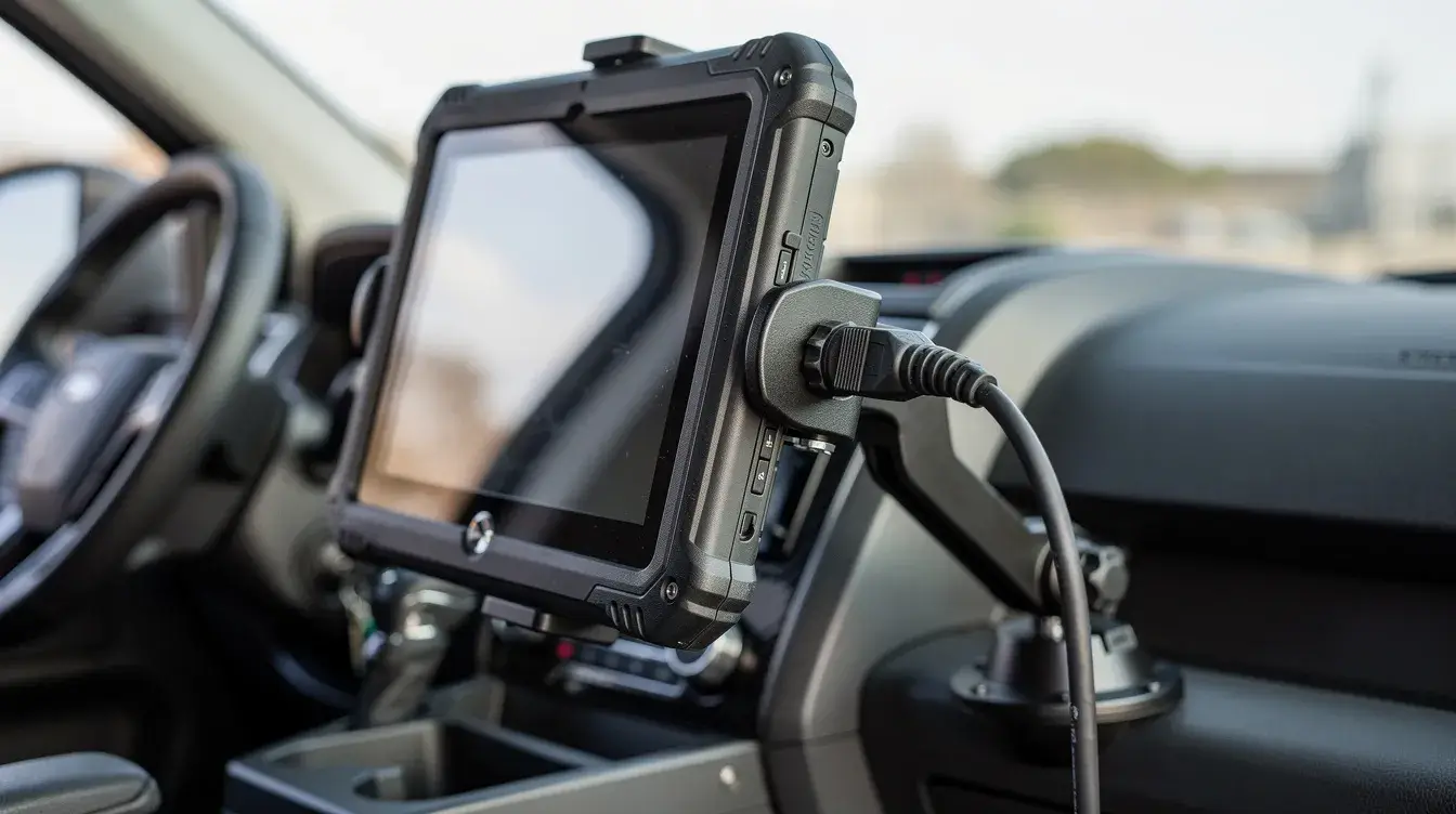 The image shows a rugged tablet securely mounted in a vehicle, with a connected industrial cable that facilitates serial communication between the tablet and other serial devices. This setup is designed for reliable data transmission in harsh environments, utilizing protocols for effective data flow.