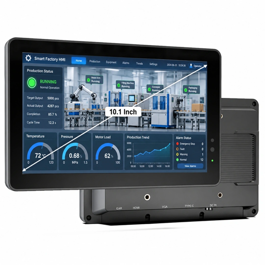 Front and rear views of Kcosit M72 10.1-inch industrial panel PC with plastic housing, touchscreen display, rear interfaces, and compact design for industrial control and equipment monitoring applications.