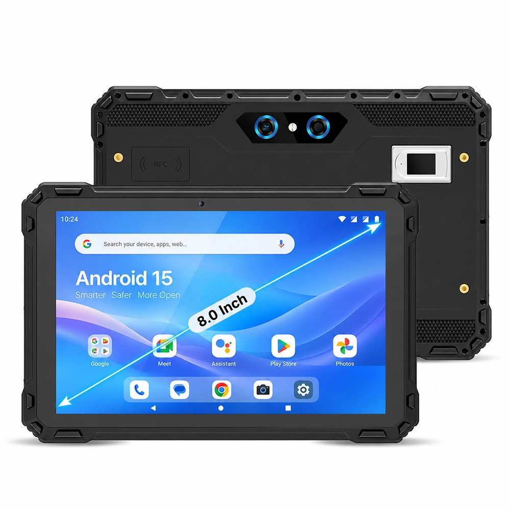 Front and rear views of Kcosit R52A rugged Android tablet showing the touchscreen display, reinforced housing, dual rear cameras, optional fingerprint reader, and rugged industrial design.